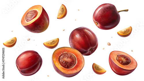 Whole and halved red plums with wedges isolated on transparent background