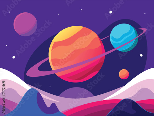 Vibrant cosmic landscape with ringed planet and alien worlds