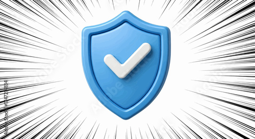 3d blue shield icon for cyber security, data protection, and digital defense on a dynamic pop art background