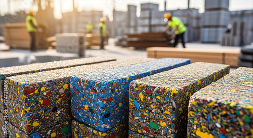 Recycled plastic bricks stacked on construction site with workers in hard hats. Brightly colored recycled plastic bricks create a unique texture, enhancing sustainable building practices.