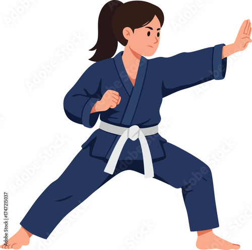 Female martial artist practicing karate in navy blue uniform with white belt performing defensive stance vector illustration 