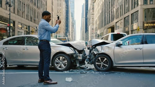 Man taking picture of car crash in city street.