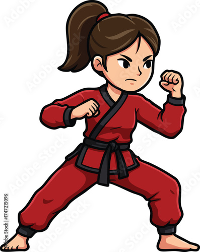 Girl practicing martial arts in red gi performing karate stance vector illustration 