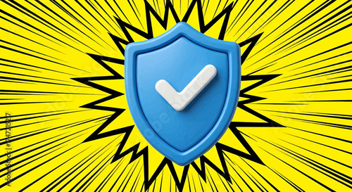 A 3d blue shield icon as a security badge for cyber safety and data protection on a pop art background