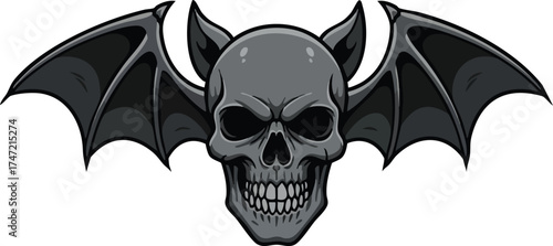Skull with bat wings dark gothic horror style vector illustration for Halloween and spooky designs 