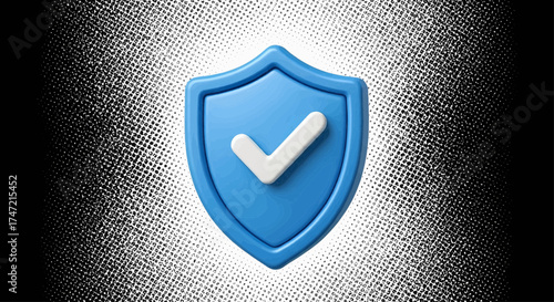 3d blue shield icon for cyber safety and data protection. Security badge protection symbol on pop art background