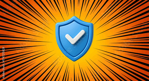 Cyber security and data protection with a 3d blue shield icon, a security badge for online safety on a comic burst