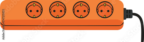 Orange power strip with four sockets and black cord electric extension device vector illustration 