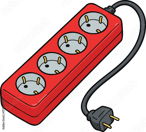Red power strip with four sockets and black cord electrical extension vector illustration
