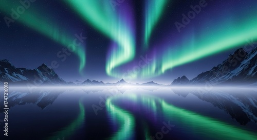Vibrant Green and Purple Aurora Borealis Mirrored on a Mystical Frozen Landscape.