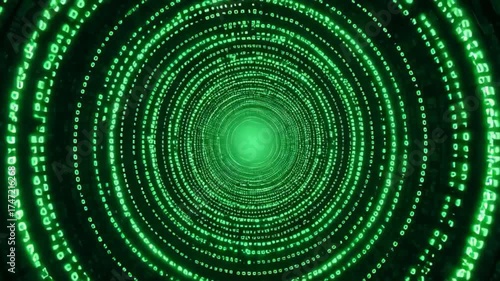 Green digital code tunnel with glowing binary numbers, futuristic data stream matrix background
