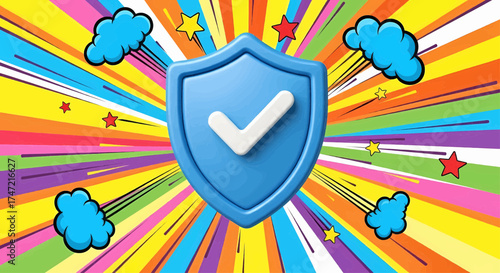 3d blue shield icon, a protection symbol for cyber safety and security on a colorful pop art comic burst