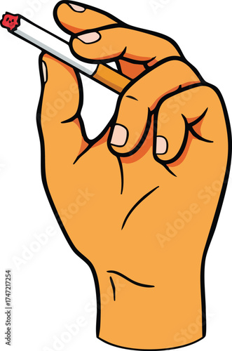Human hand holding lit cigarette with orange skin tone vector illustration in minimal style 