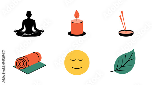 “Wellness and Mindfulness Icons: A Collection Representing Yoga, Meditation, Relaxation, and Wellbeing – Yoga Pose, Candle, Incense, Mat, Smiling Face, and Leaf”
