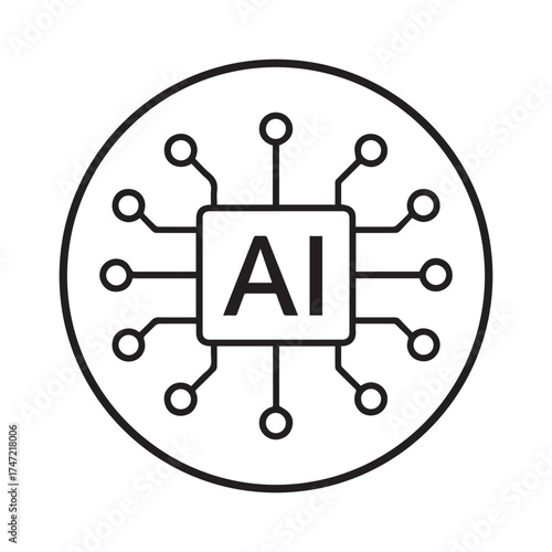 Abstract ai chip symbol with connecting nodes representing data and intelligence isolated on white background