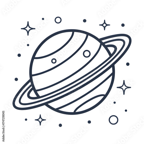 Minimal outline icon of a planet with rings, single stroke, thin black line, vector style