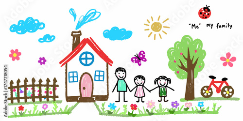 Charming childlike drawing of a happy family standing in front of their home with a garden and bicycle