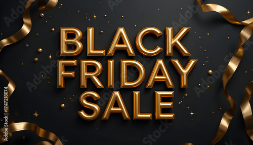 Festive Black Friday Sale Banner – Metallic Gold Text with Ribbons and Confetti on Dark Background