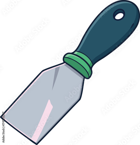 Putty knife with green and dark blue handle for painting and home repair tasks vector illustration 