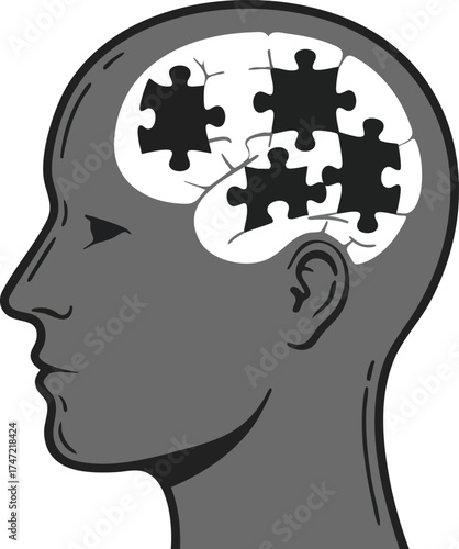 Human head silhouette with puzzle pieces symbolizing cognitive function and mental health awareness vector illustration 