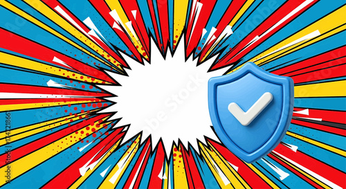Cyber security and digital defense concept with a 3d blue shield icon for data protection on a pop art comic burst