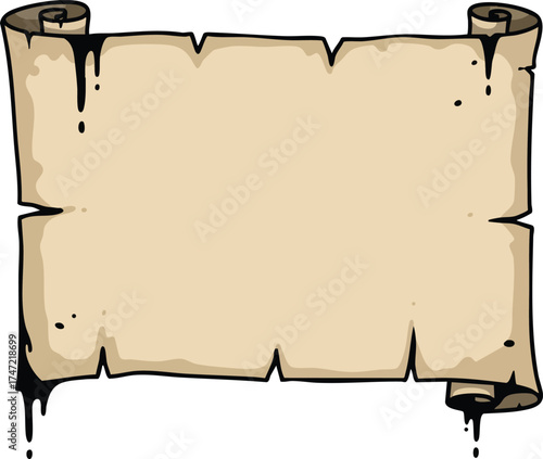 Old blank parchment scroll with torn edges and dripping ink vector illustration for vintage design elements 