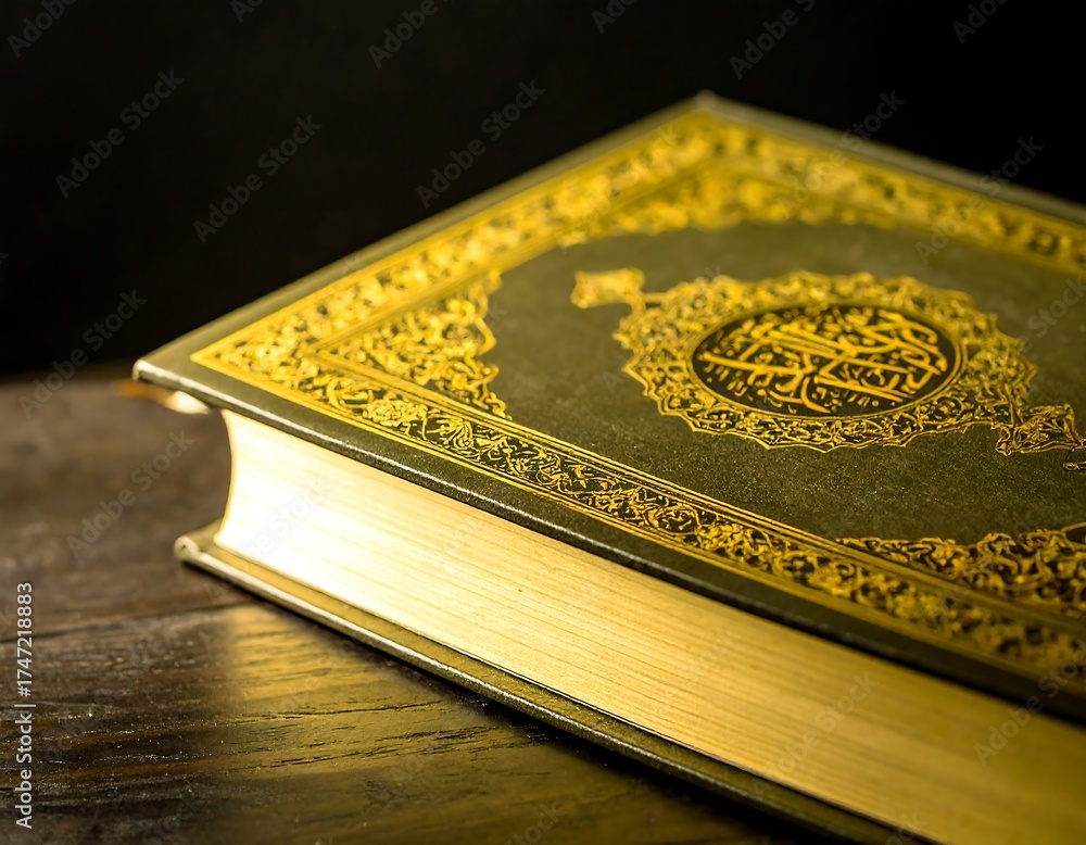 Fototapeta premium Holy book, ornate cover, gold accents, dark background