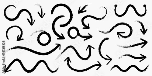 Collection of diverse hand drawn black arrows with a grunge brush stroke texture on a white background