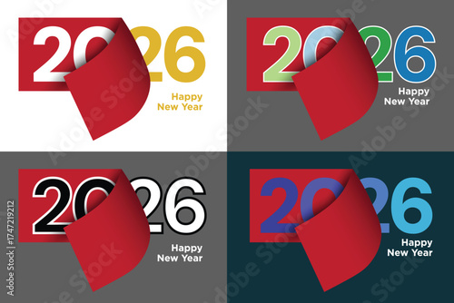Happy New Year 2026 vector set with peeled back red corner revealing the date in four versatile color and background combinations for festive banners, cards, and social media