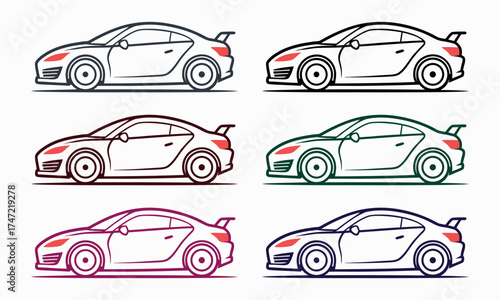 Vector Outline Sportscar Set in Multiple Colors for Automotive Design

