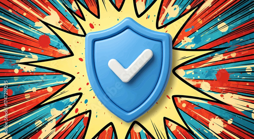 Cyber security emblem for online safety and data protection, a 3D blue shield icon on a colorful comic burst