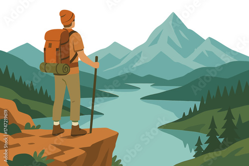 A lone traveler hikes through the mountains, embracing an adventurous, active lifestyle, enjoying summer vacations in the great outdoors, finding solitude and harmony with nature as he stands on a