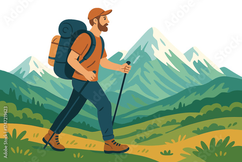 A traveler man hikes with a backpack, embodying a travel‑lifestyle concept of adventure, summer vacations, and outdoor scenes in the Caucasus mountain range landscape