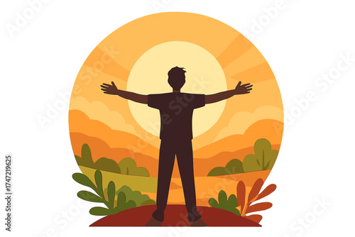 Embarking on a personal adventure, a person stands before the sun with arms outstretched, admiring nature's beauty and basking in its warmth, embodying happiness and personal freedom
