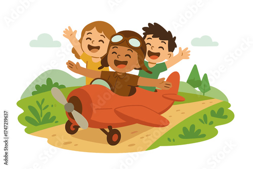 Joyful, giggling children steering an airplane along a natural road, embarking on a childhood adventure of friendship, while the pilot pretends to launch the plane