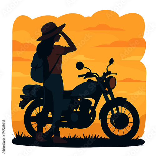 A traveling woman in a hat stands beside a motorcycle beneath a sunset sky