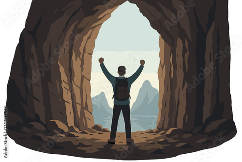 A lone man in a cave, raising his hands in joy, embodies the travel adventure and wellness spirit of Kirkehelleren grotto in Norway