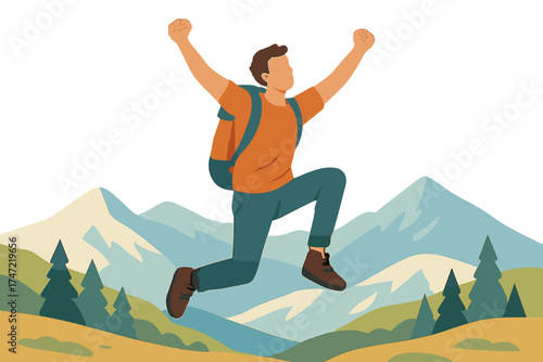 A man leaping in the mountains during his vacation, enjoying outdoor travel, lifestyle, adventure, active success, motivation, fun, euphoria, and emotions