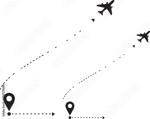 Airplane flight path with location pin. Travel route icon with starting point and destination. Airline journey track, aircraft navigation symbol.
