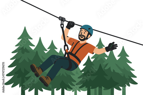 A man enthusiastically ziplines across a dense forest, demonstrating the thrill of outdoor adventure and nature exploration