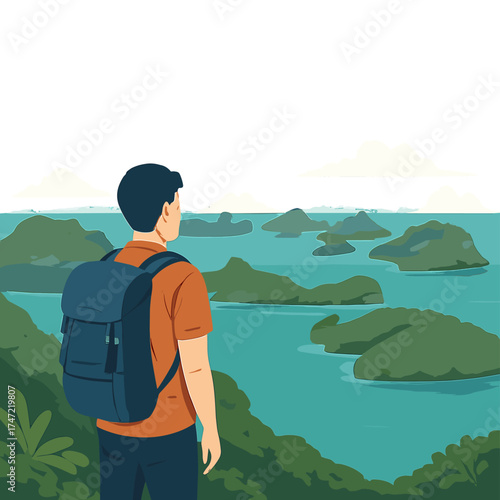 An Asian backpacker on a mountain enjoys a panoramic view of the beautiful sea landscape while vacationing and traveling leisurely in Mu Ko Ang Thong National Park, Thailand