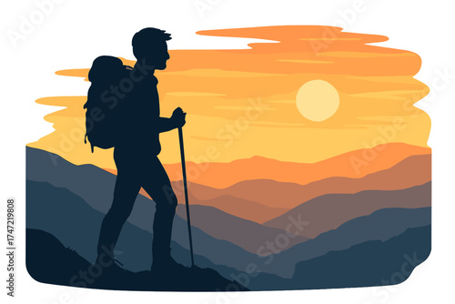 A young hiker's silhouette against a sunset sky and hills in the mountains evokes travel, adventure, or expedition
