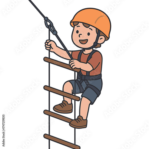 A child wearing a safety harness climbs a rope ladder to conquer heights at an adventure park