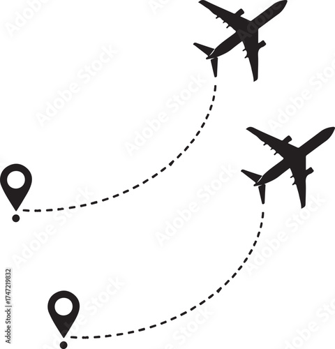 Airplane flight route with a start point pin. Travel by air concept, plane path with a destination mark. Airline journey and vacation trip
