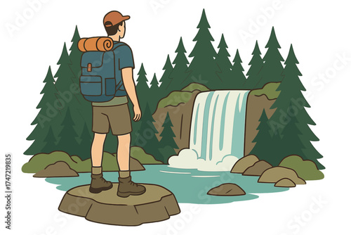 A young man wearing hiking gear stands on a rock, gazing at a waterfall in a coniferous forest