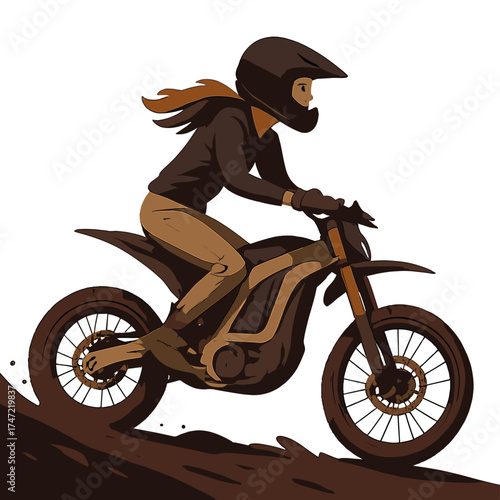 A woman riding an electric dirt bike, living an adventurous outdoor lifestyle, captured in cinematic slow motion