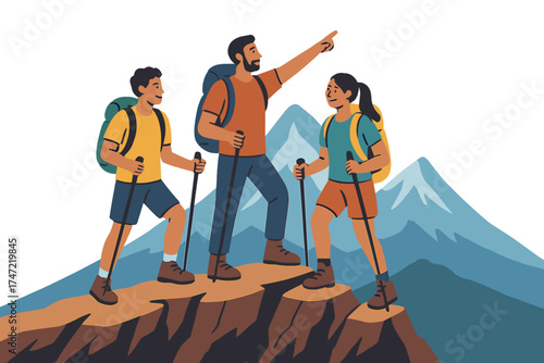 Friends enjoy hiking up cliffside mountains for fitness, adventure, and scenic summer backpacking, while people trek together for cardio, rock climbing, and overall health
