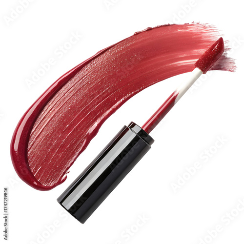 Vibrant red liquid lipstick smudge swatch with applicator wand on a black background, cosmetic product