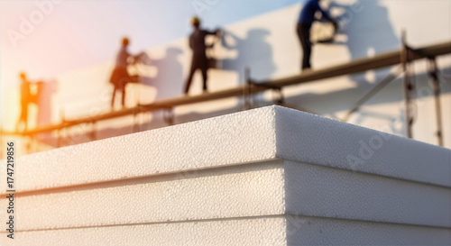 Stacked insulation boards with workers installing them on construction site. Stacked insulation panels provide thermal solutions while workers focus on efficient installation process.