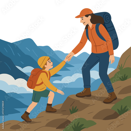 A mother and her child hike through Norway's mountains, embracing an active, healthy lifestyle on an outdoor adventure, climbing to the summit above the clouds during a summer backpacking vacation